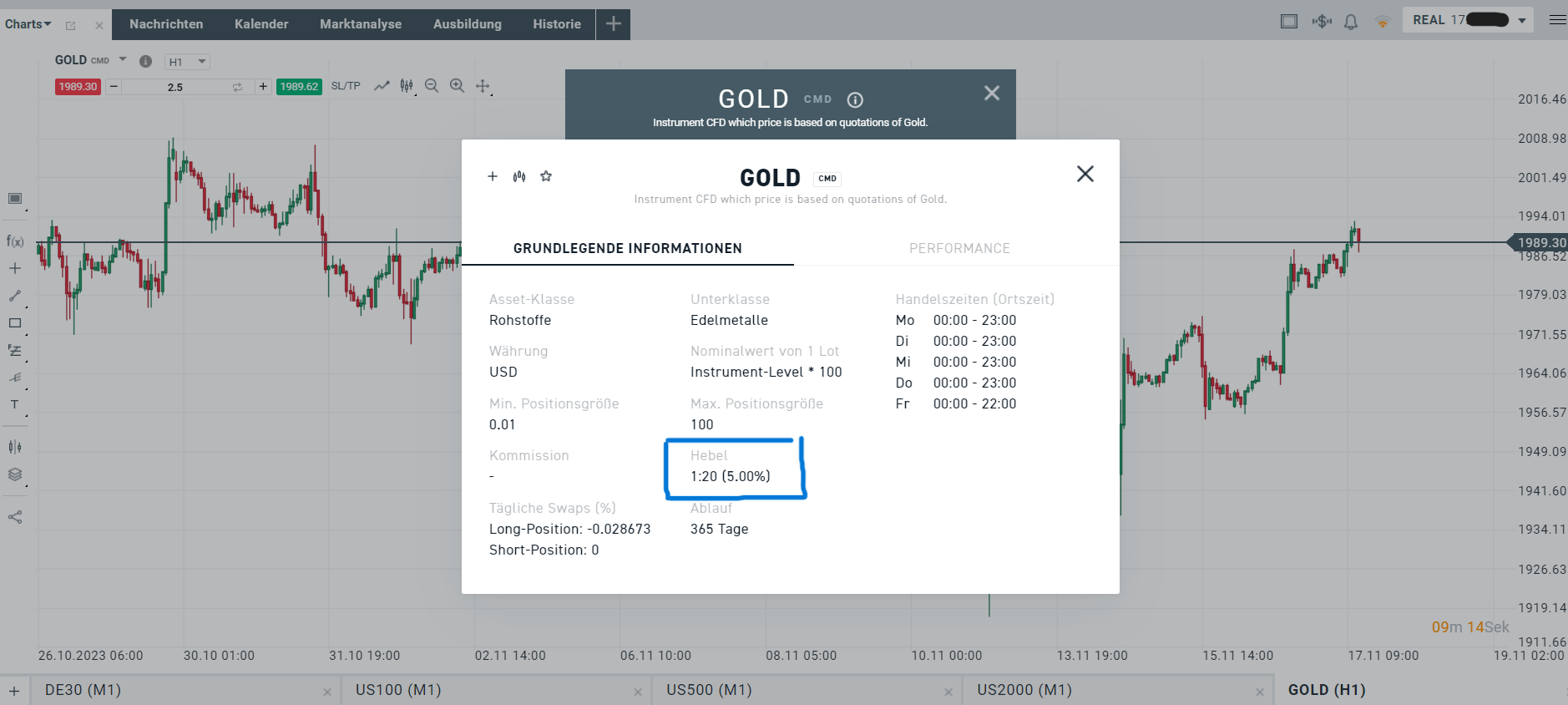 Hebel CFD Trading Gold in der XTB Plattform