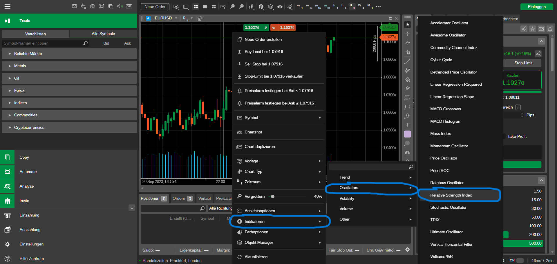 IC Markets Bedienelemente RSI einfügen