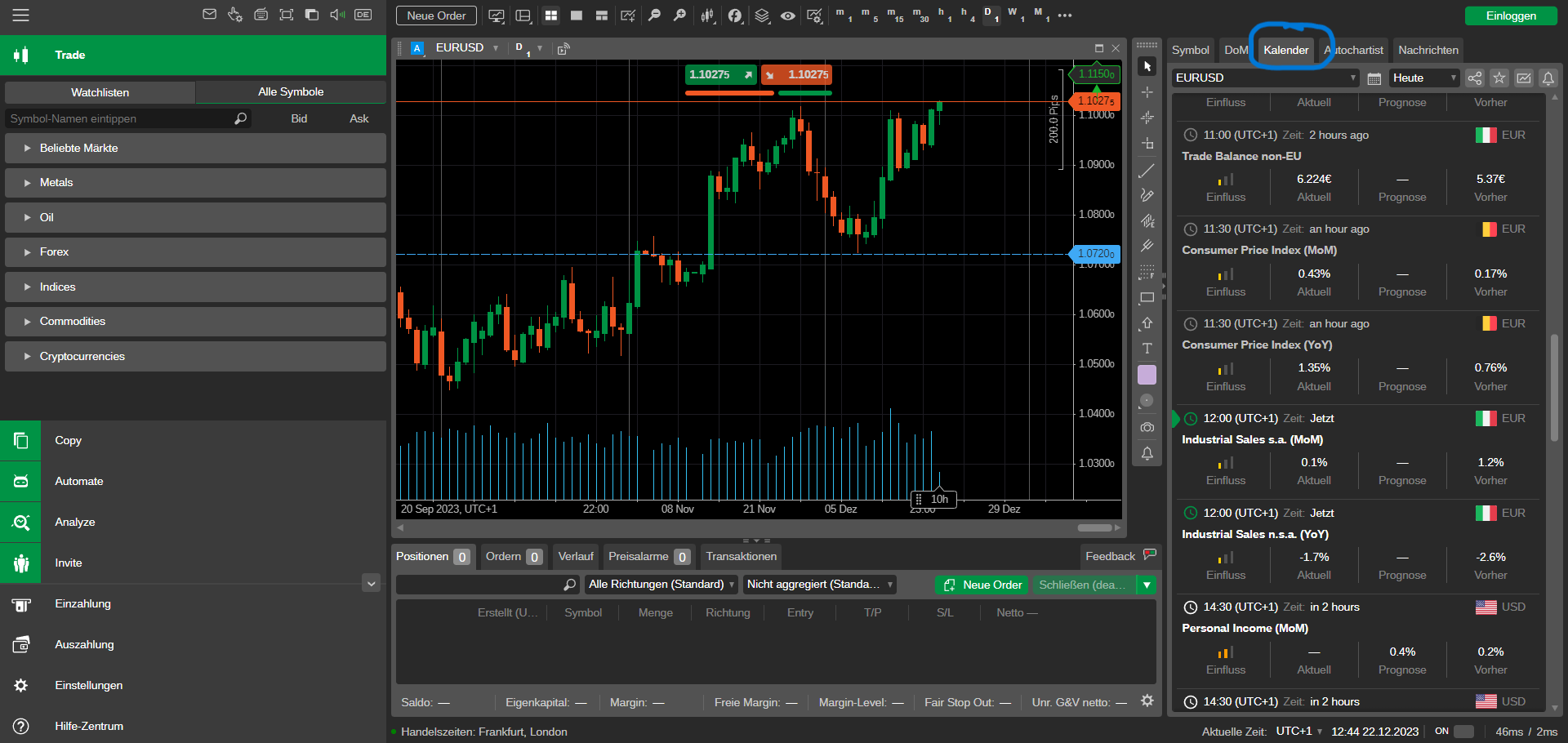IC Markets Bedienelemente Wirtschaftstermine
