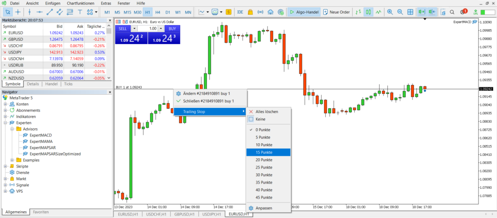 Trailing Stop-Loss Metatrader 5 durch Rechtsklick auf Position