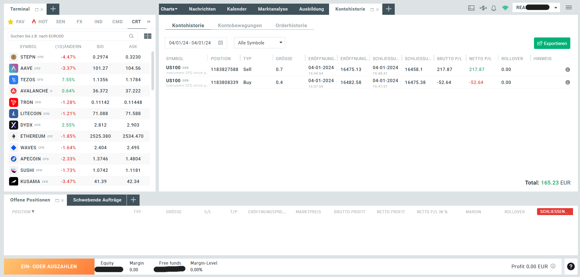 Gewinn-Verlust-Bilanz im Scalping in XTB