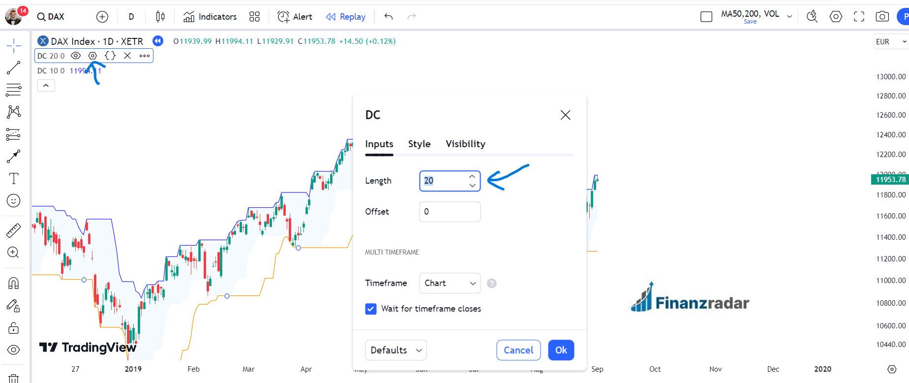 Donchian Channel Periode in Tradingview ändern