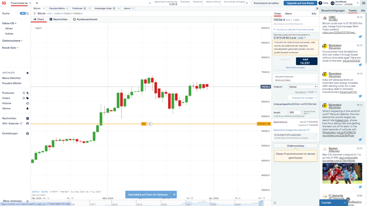 IG Broker Position mit KO Zertifikat eröffnen