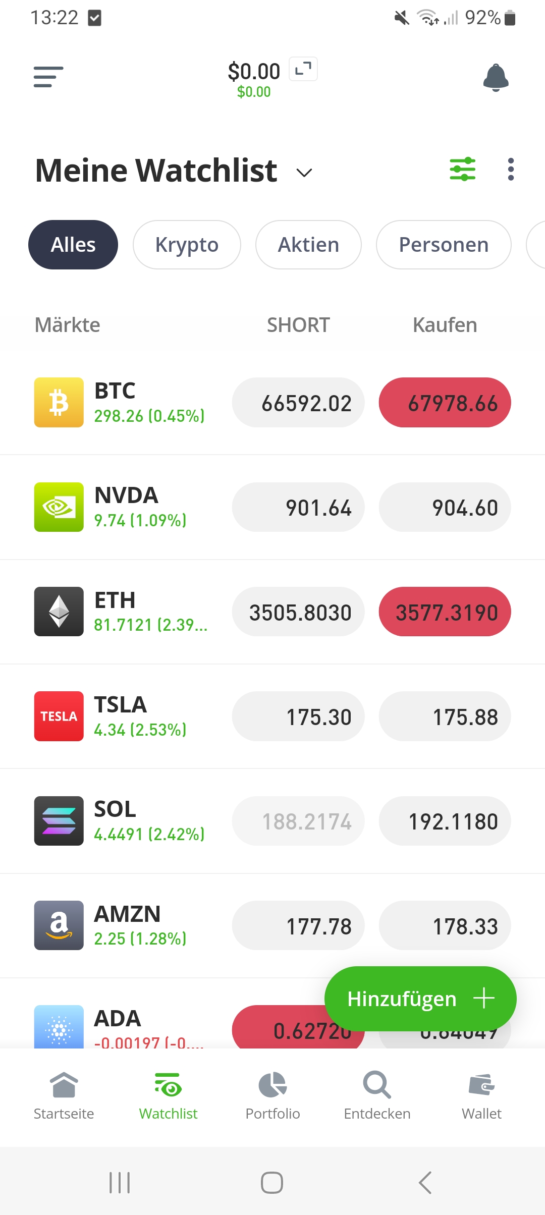 eToro App Watchlist Funktion