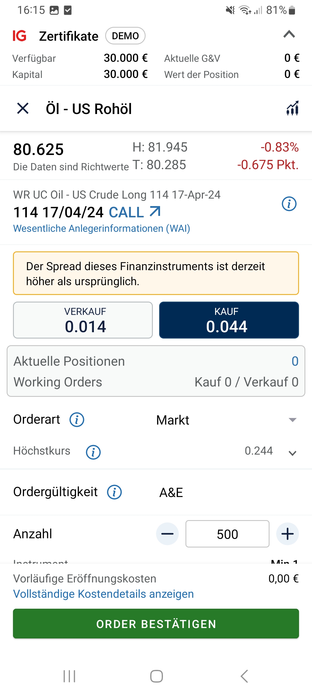 IG Broker App Warnhinweis vor großen Spreads bei Orderausführung