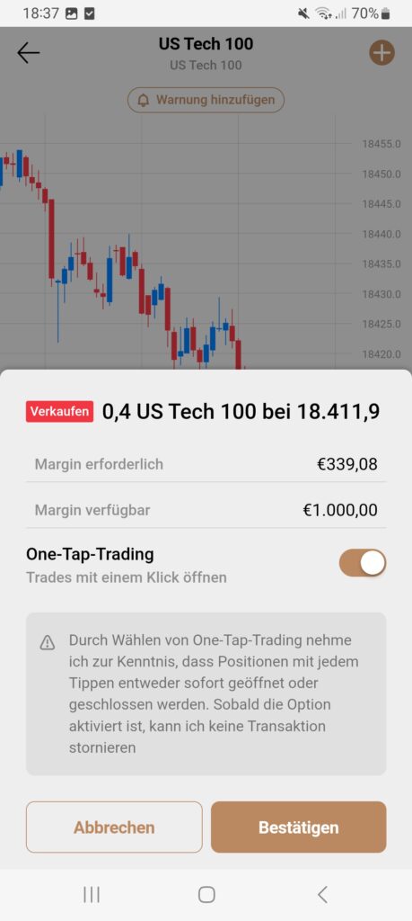 Capital.com App One-Klick-Trading aktivieren