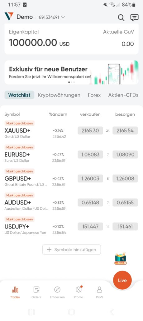 Vantage App Startbildschirm