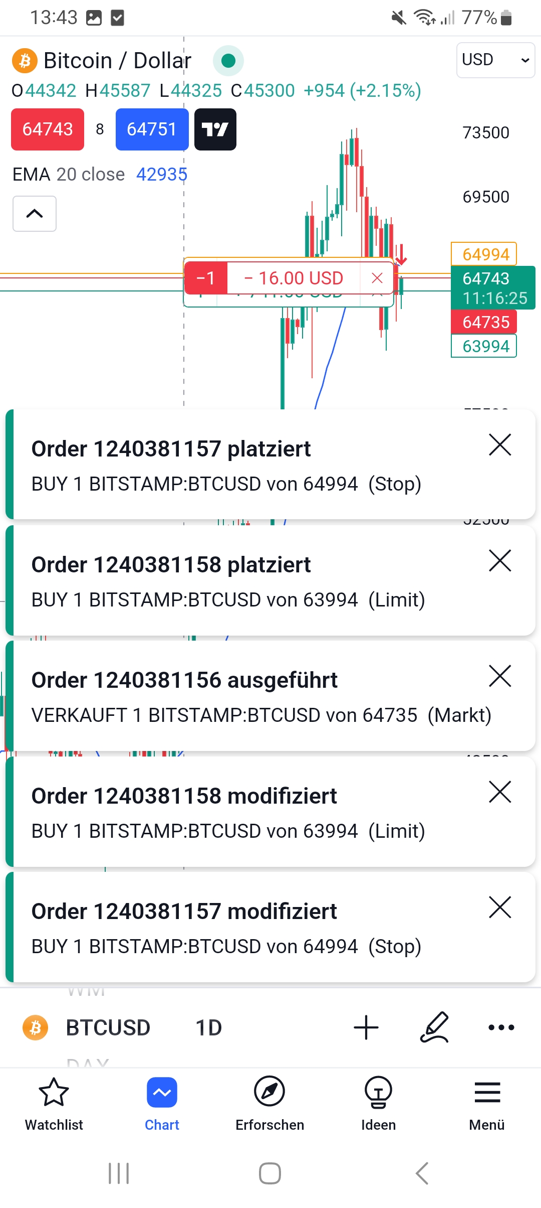 Tradingview App Bestätigung einer Orderausführung