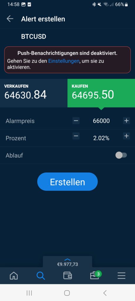 AvaTrade App Alarm erstellen im Bitcoin