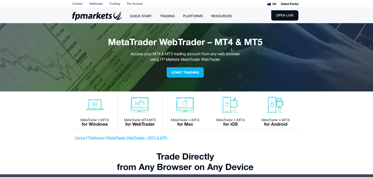 FP Markets Webseite WebTrader