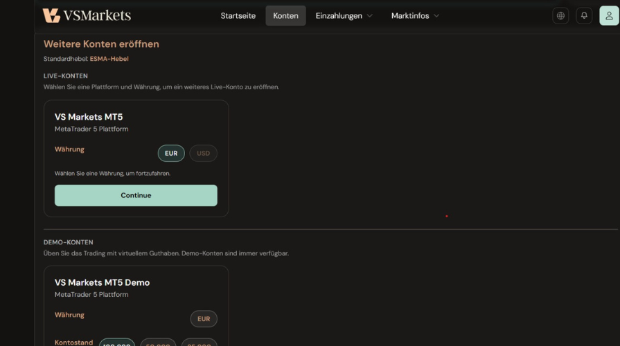 VS Markets Kundenbereich Überblick