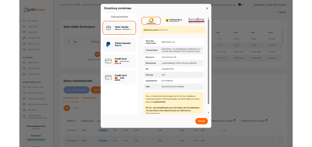 GBE Brokers Einzahlung Möglichkeiten